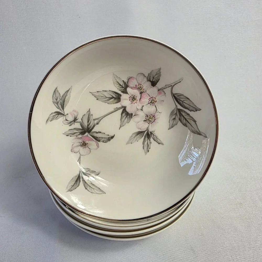 FOUR Manor House Spring Glory Fruit Bowls Pink & White Floral Gray Leaves